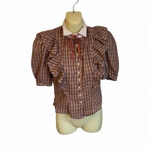 Byer California Vintage Plaid Ruffle Blouse with Bow 1970's Women's Size Small